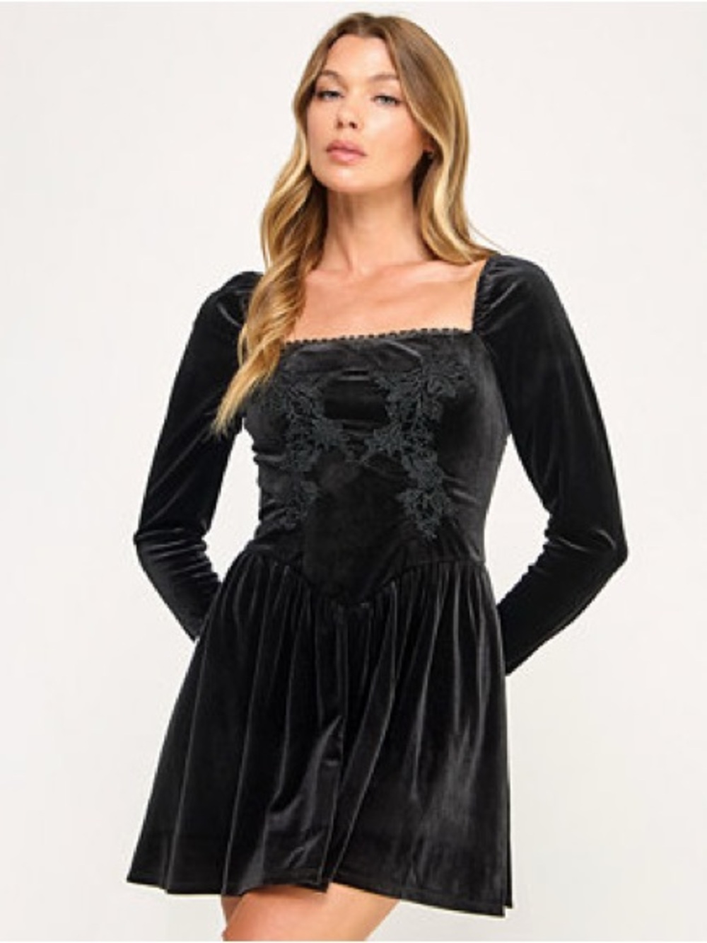Seni and Cade Black Velvet Long-Sleeve Lace Applique Mini Dress